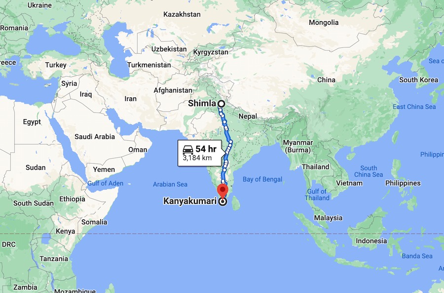 A google maps view of the distance between Shimla and Kanyakumari!